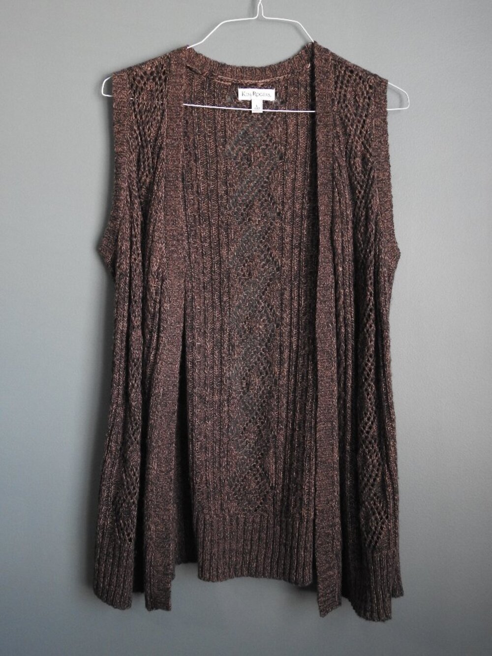 Kim Rogers Brown Long Open Weave Vest - Size Large